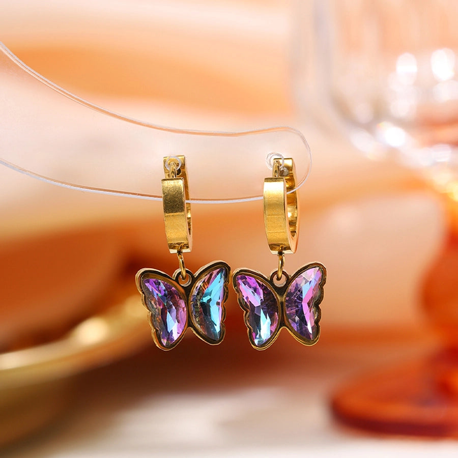 Purple Stone Butterfly Heart Flower Earrings [304 Stainless Steel]