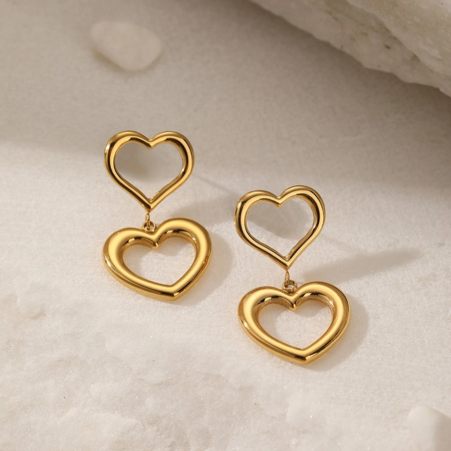 Double Hanging Hearts Earrings [304 Stainless Steel,18K Gold Plated]