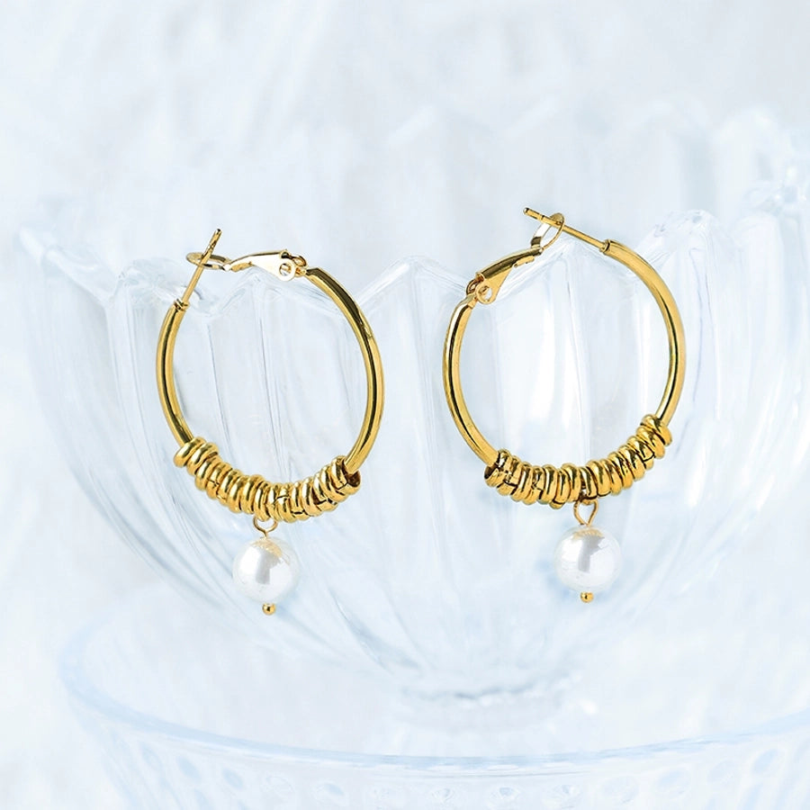 Round Beaded Natural StoneEarrings [304 Stainless Steel,14K Gold Plated]