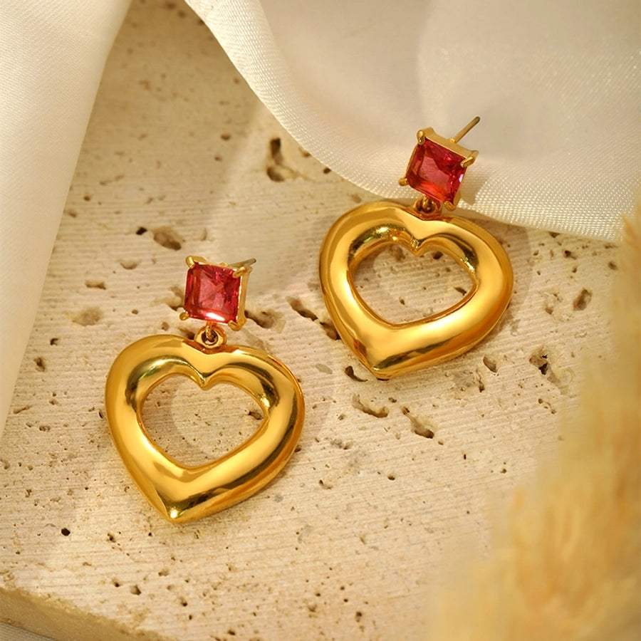 Red Rhinestone Heart Shape Earrings [304 Stainless Steel,18K Gold Plated]