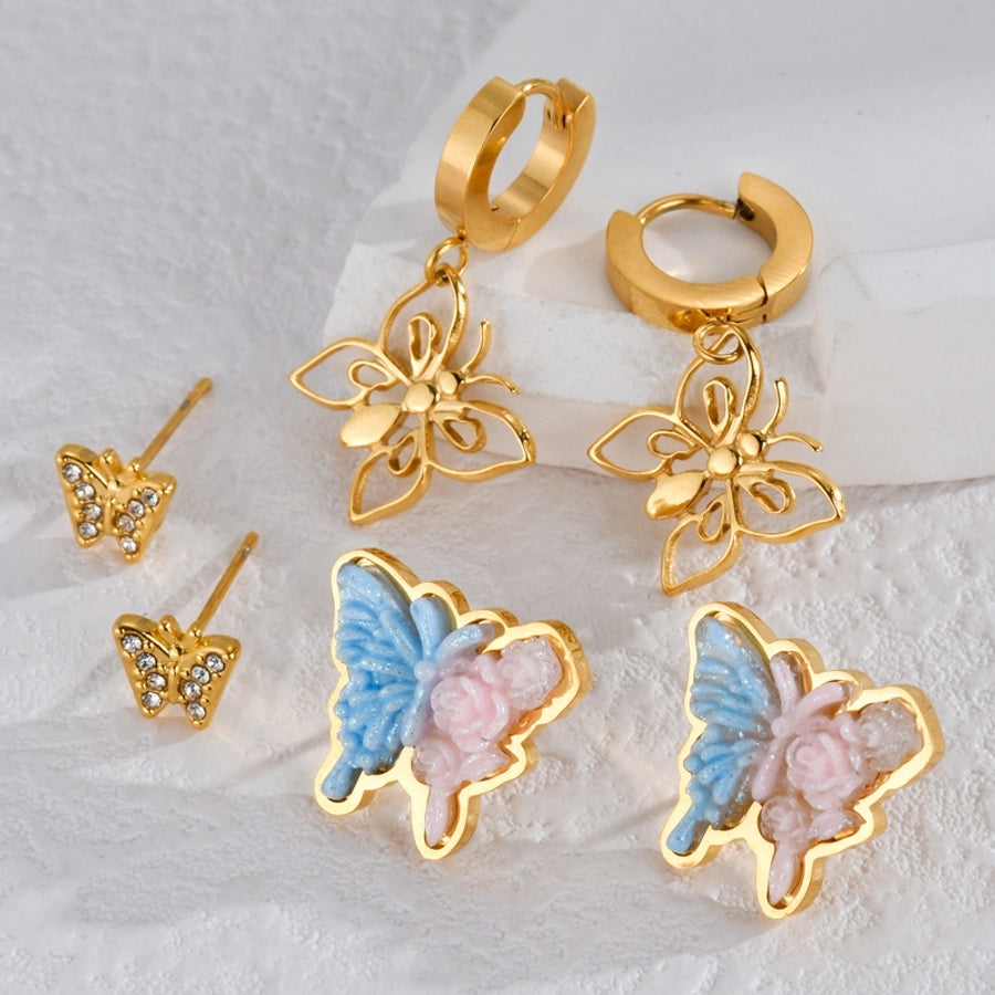 Heart Shape Butterfly Drop Earrings Set [304 Stainless Steel, 18K Gold Plated]