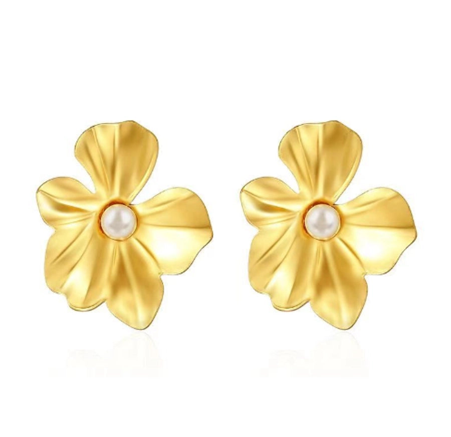 Brincos de pérolas de imitação de flores [304 aço inoxidável, peito de ouro de 18k]