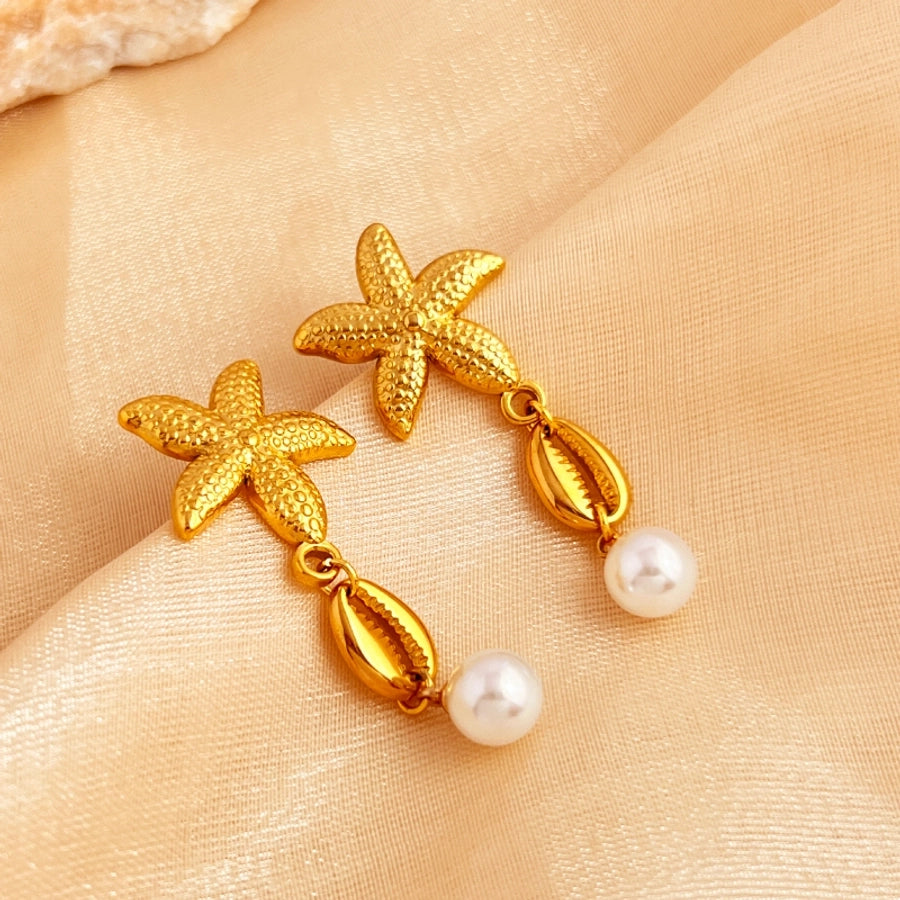 Starfish Shell Drop Earrings [201 Stainless Steel,18K Gold Plated]