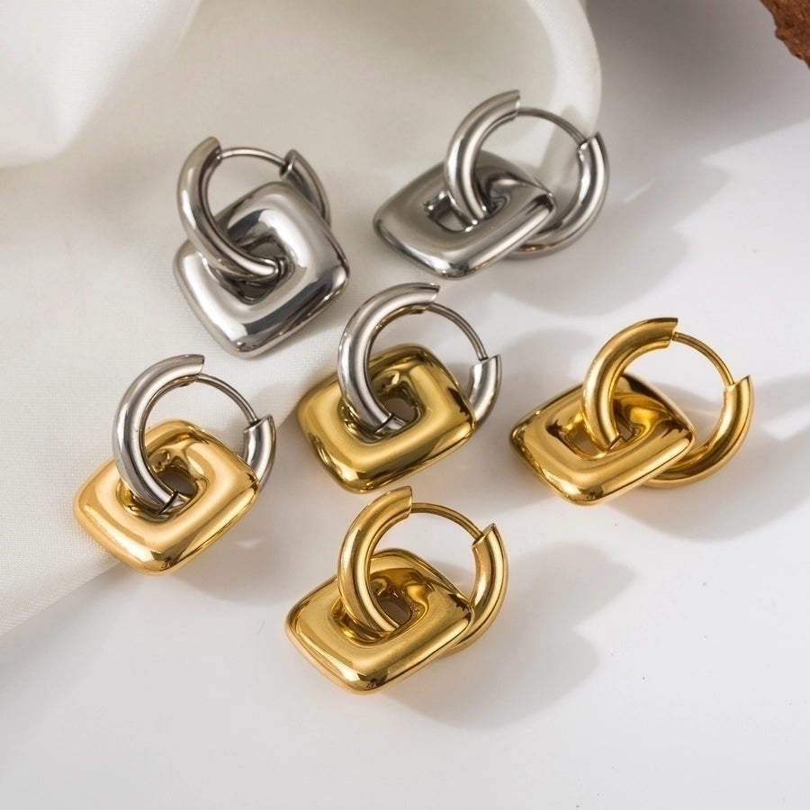 Square Silver Gold Drop Earrings [304 Stainless Steel, 18K Gold Plated]