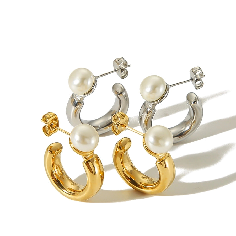 C Shape Polishing Pearl Earrings [304 Stainless Steel,18K Gold Plated]