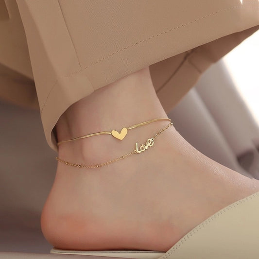 Love Heart Double Anklet [304 από ανοξείδωτο χάλυβα, 18k χρυσό επιχρυσωμένο]