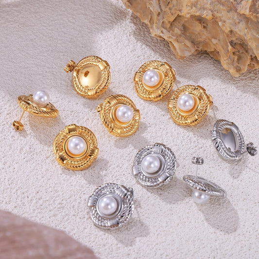 British Style Round Artificial Pearls eARRINGS [304 Stainless Steel,18K Gold Plated]