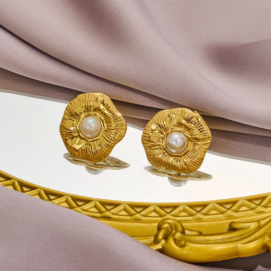 Round Flower Pearl Earrings [316 Stainless Steel,18K Gold Plated]