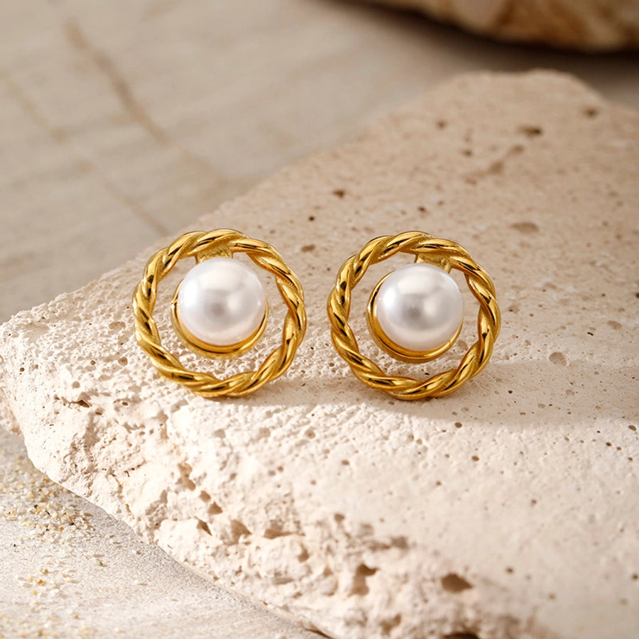 Round Artificial Pearls Ear Studs [304 aço inoxidável, peito de ouro 18k]