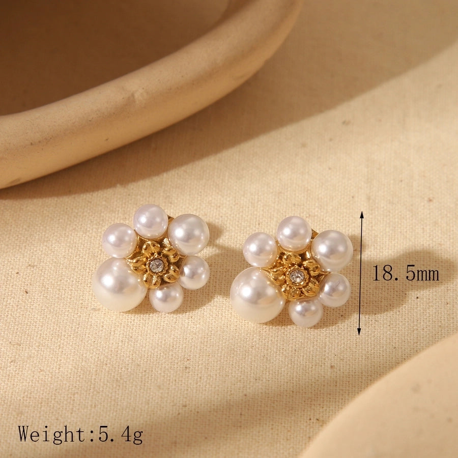 Imitation Pearl Zircon Earrings [304 Stainless Steel,18K Gold Plated]