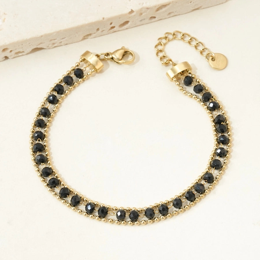 Black Beads Chain Bracelets[304 Stainless Steel, 14K Gold Plated]