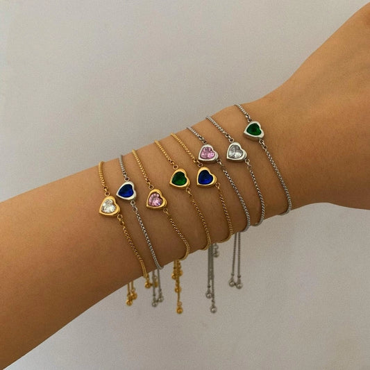 Bracelets en zircon en forme de cœur [304 en acier inoxydable, 16k plaqués en or]