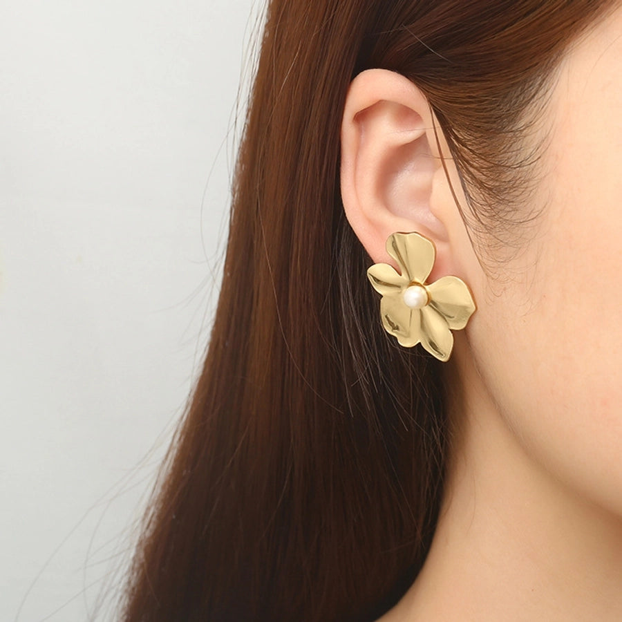 Flower Imitation Pearl Earrings [304 Stainless Steel,18K Gold Plated]