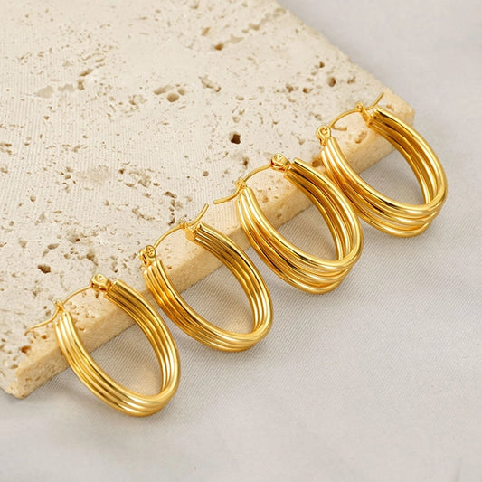 Striped Hoop Earrings [304 Stainless Steel,18K Gold Plated]