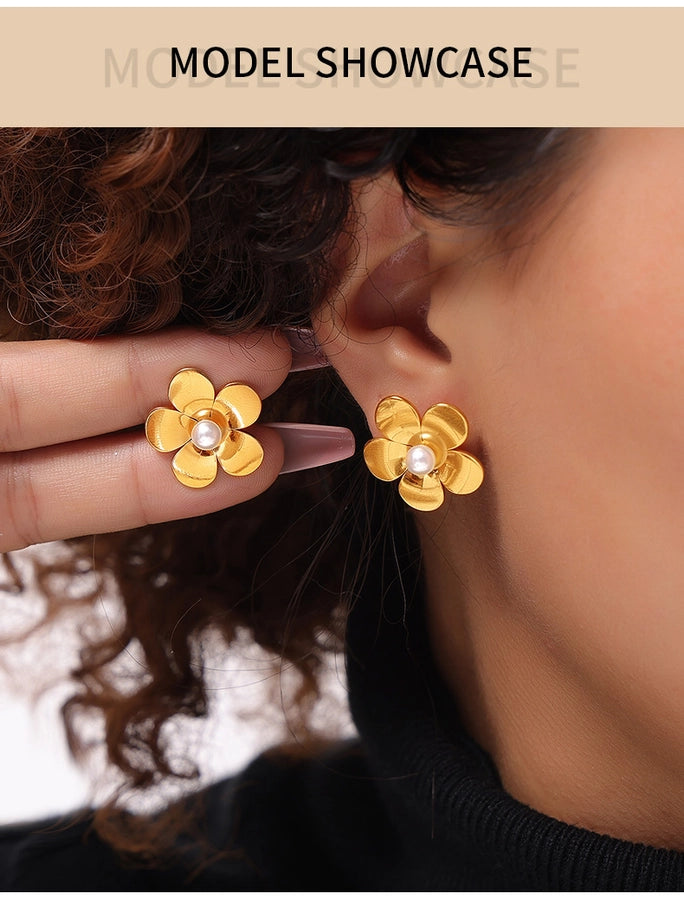 Round Flower Artificial Pearls Earrings [304 Stainless Steel,18K Gold Plated]