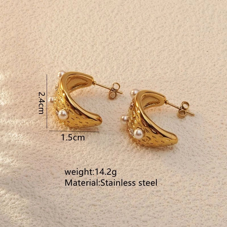 Shiny Semicircle Pearl Earrings [304 Stainless Steel,18K Gold Plated]