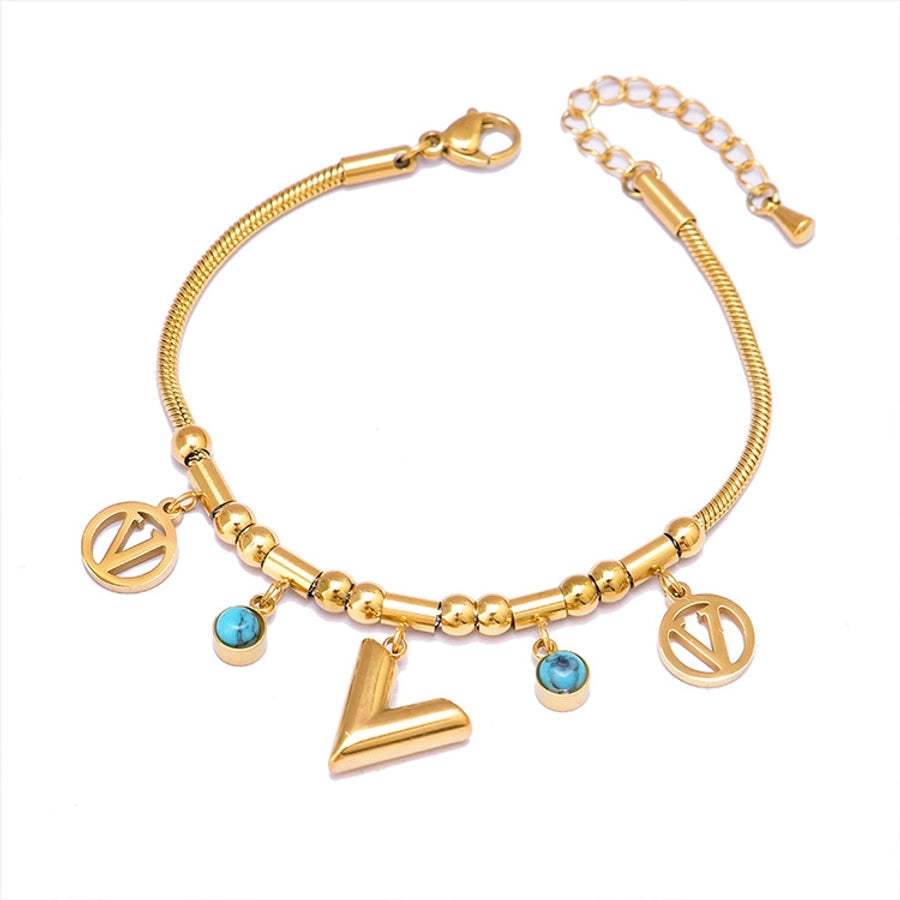 Artificial Rhinestones Turquoise Shell Bracelet [304 Stainless Steel, 18K Gold Plated]