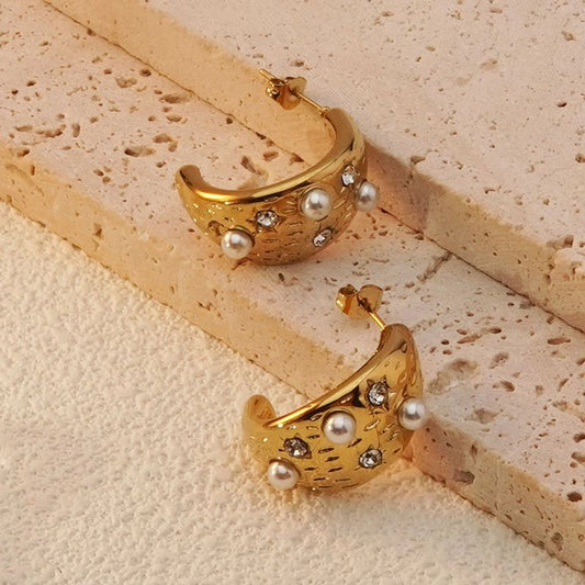 Pendientes de perlas de semicírculos brillantes [304 acero inoxidable, 18k dorado chapado]