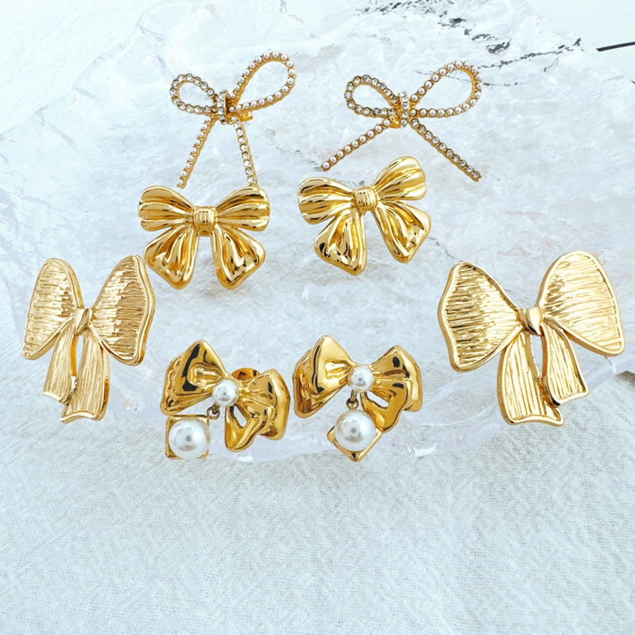 Bow Knot Artificial Pearls Ear Studs [304 rustfrit stål]