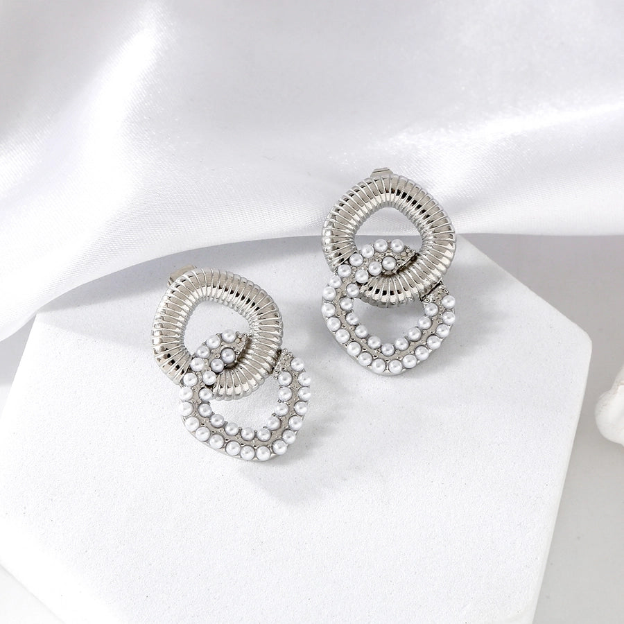 Vintage Style Double Ring Artificial Pearls Earrings [304 Stainless Steel,18K Gold Plated]