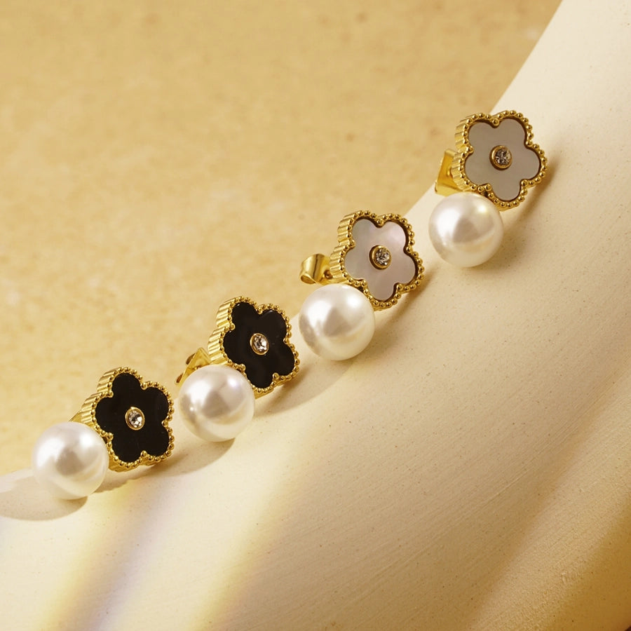 Flower Pearl Drop Earrings [304 Stainless Steel,18K Gold Plated]