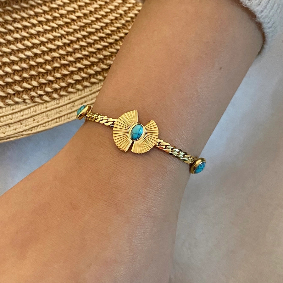 Blomster sommerfugl turkise armbånd [rustfritt stål, 18K gullbelagt]