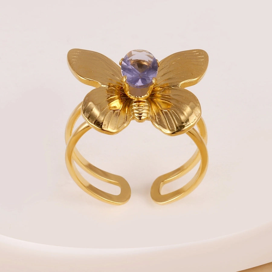 Butterfly Rhinestones Ring [304 Stainless Steel, 14K Gold Plated]