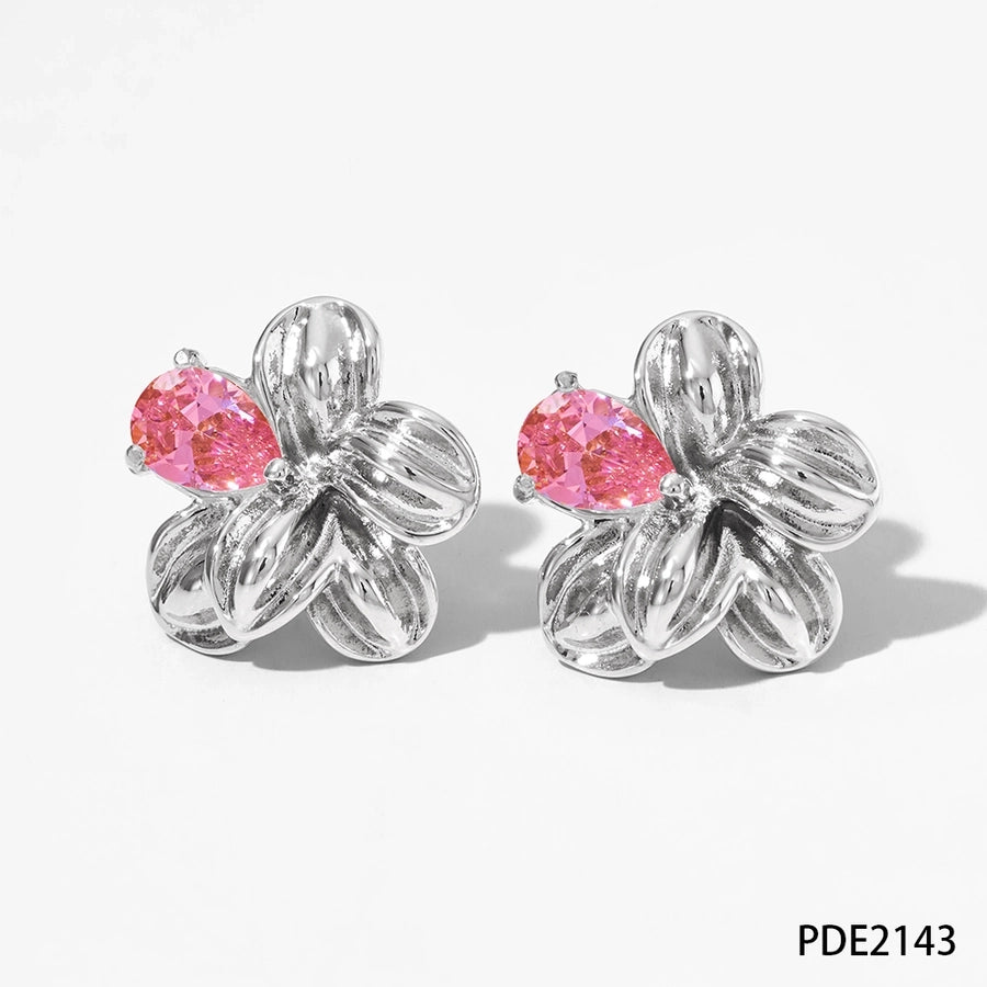 Flower Zircon 16K Earrings [304 Stainless Steel,16K Gold Plated]