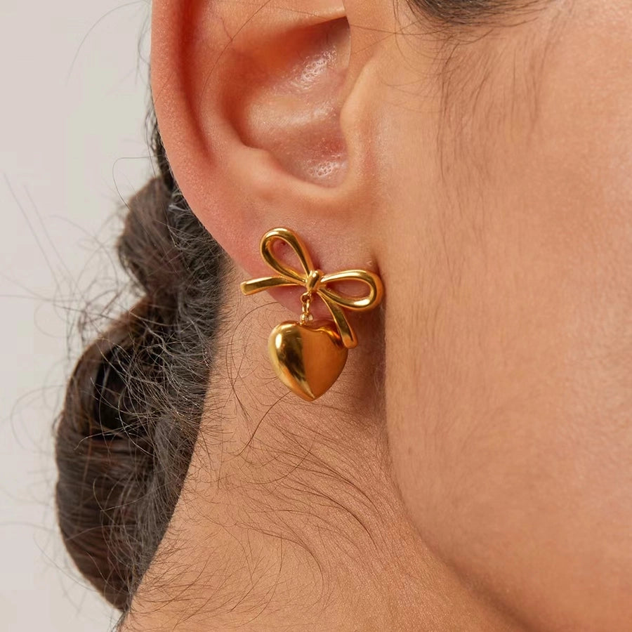 Heart Bow Earrings [304 Stainless Steel,18K Gold Plated]