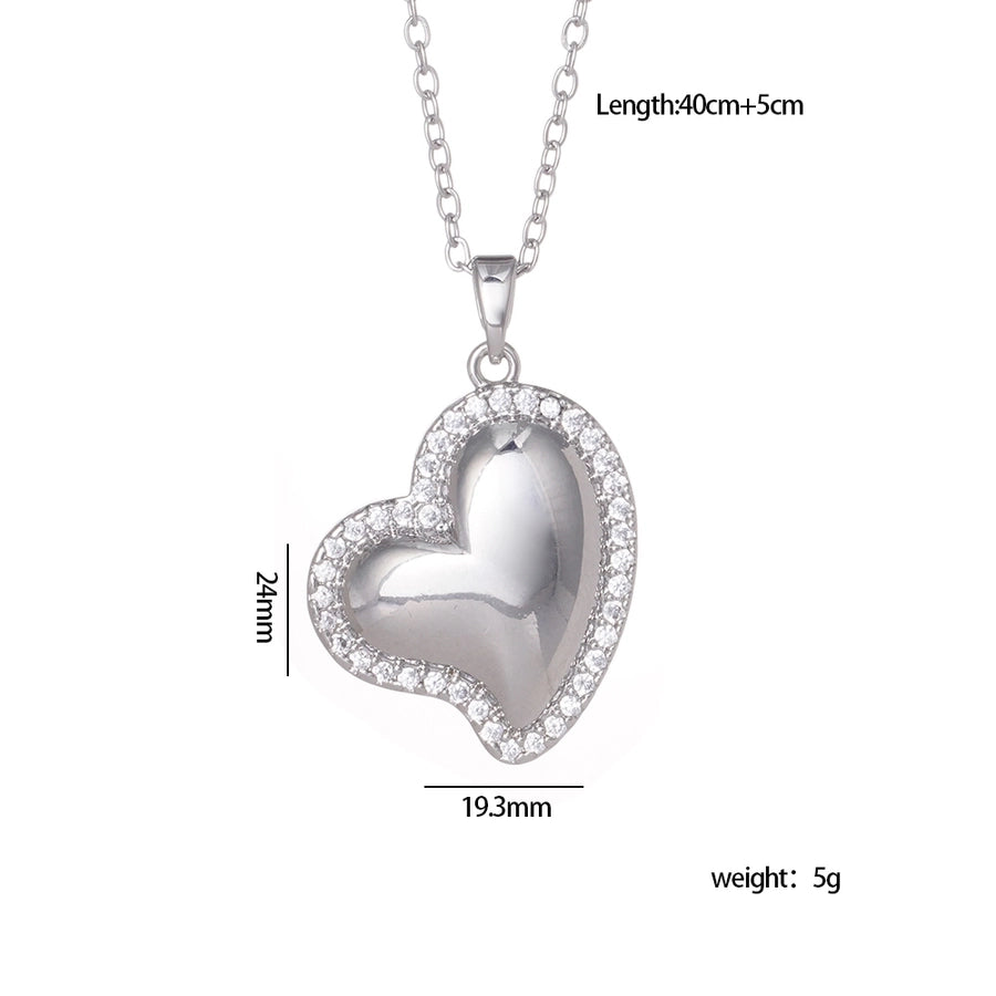 Zircon Heart Pendant Necklace  [304 Stainless Steel,Copper]