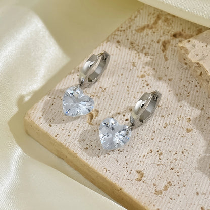 Zircon Drop Heart Earrings [304 Stainless Steel]