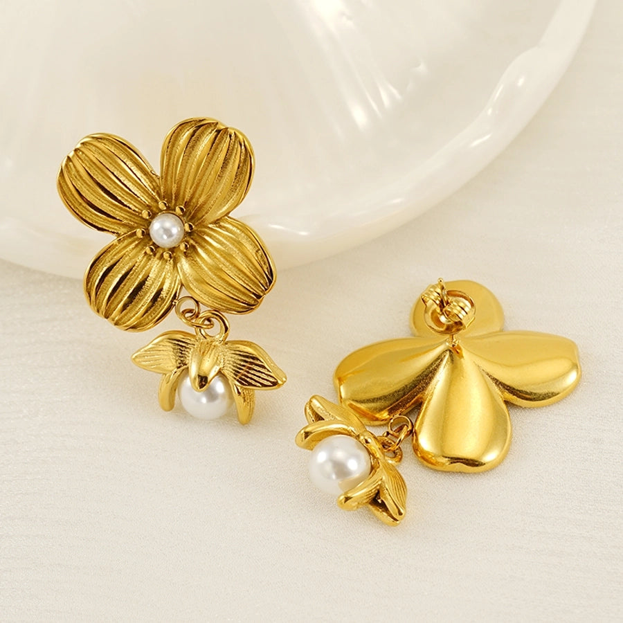 Bridal Flower Artificial Pearls Drop Earrings [304 Stainless Steel,18K Gold Plated]