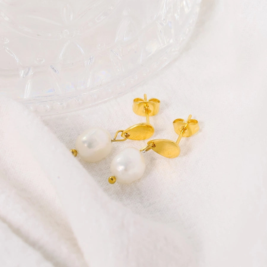 Water Droplets Plating Inlay Pearl Earrings [304 Stainless Steel,18K Gold Plated]