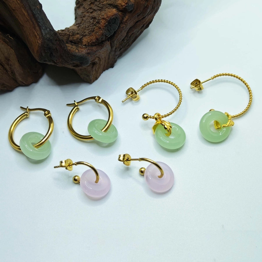 Green Pink Stone Hoop Earrings [304 Stainless Steel,18K Gold Plated]