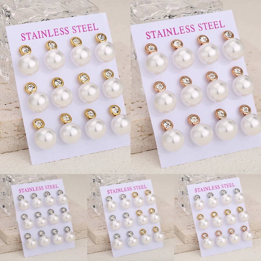 Round Pearl Stud Earrings Set [304 Stainless Steel]