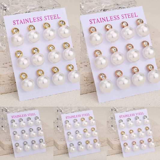 Round Pearl Stud -oorbellen set [304 roestvrij staal]