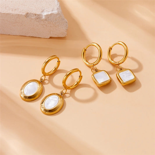 Square Oval Shell Drop Earrings [304 Stainless Steel,18K Gold Plated]