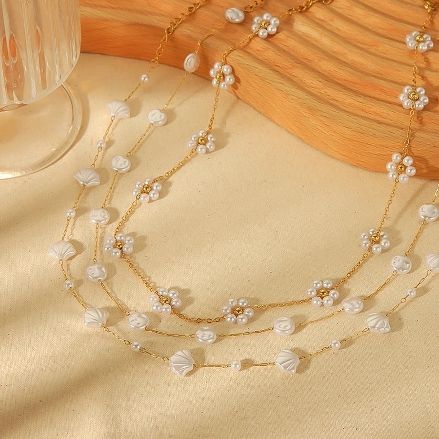 Flower Shell Pearl Necklace [304 Stainless Steel,18K Gold Plated]