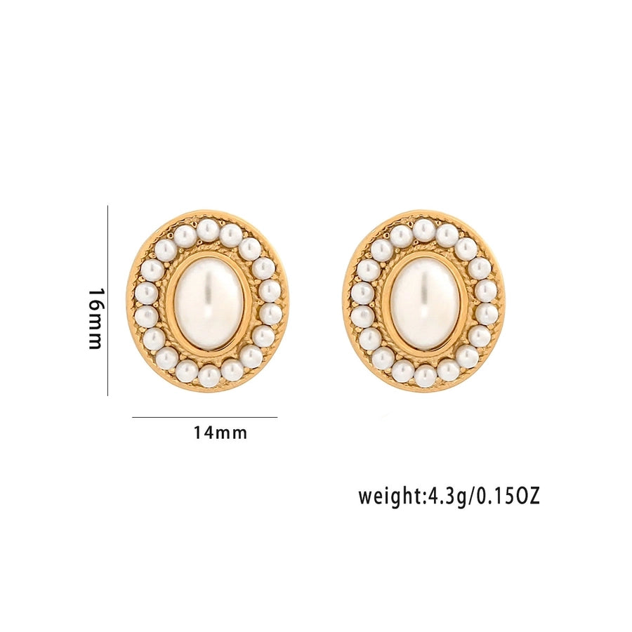 Oval Pearl Ear Studs [304 Stainless Steel,18K Gold Plated]