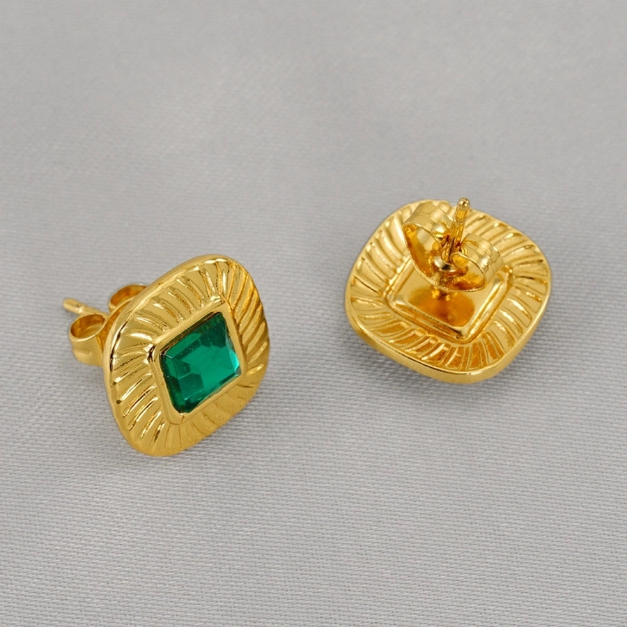 Square Green Glass Stone Earrings [304 Stainless Steel,18K Gold Plated]