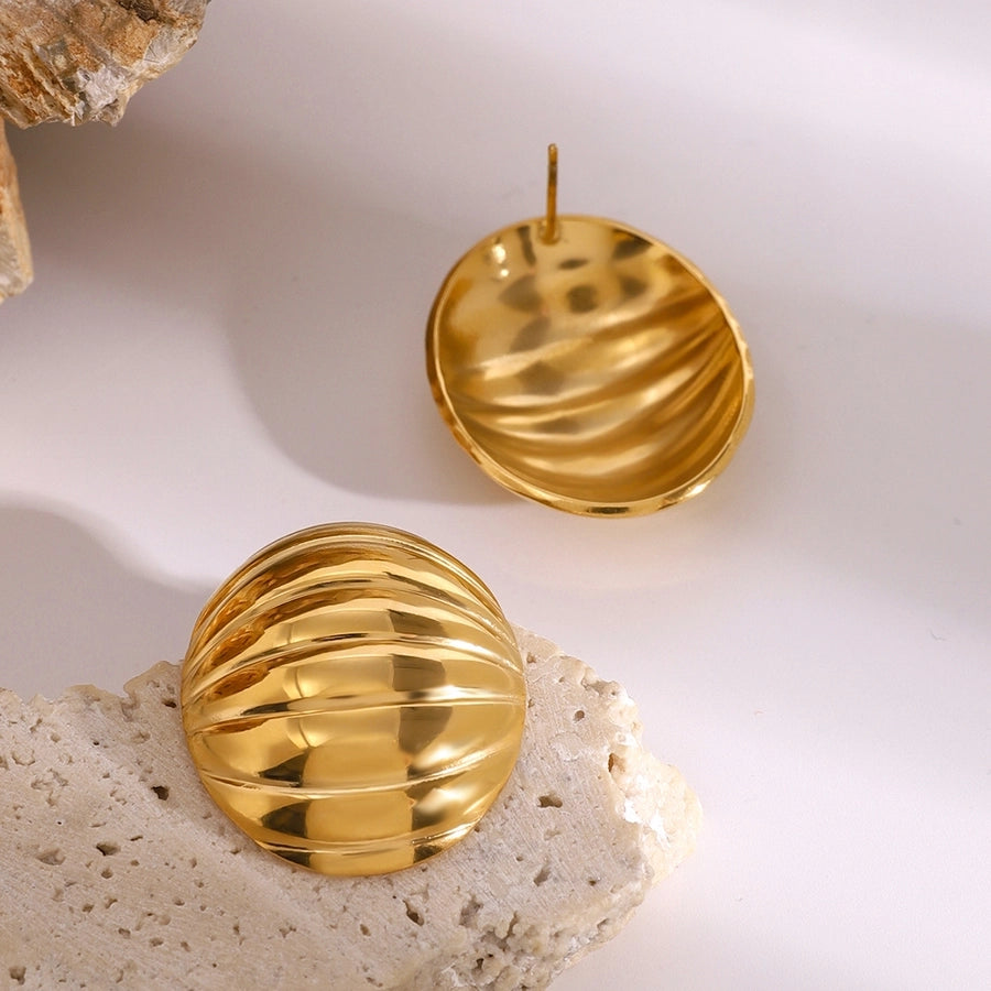 Oval Glossy Rib Concave and Convex Chubby Earrings [304 Stainless Steel, 18K Gold Plated]