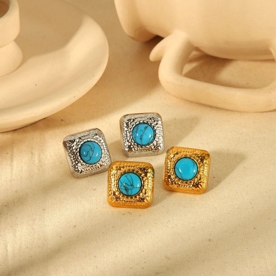 Square Blue Natural Stone Earrings [304 Stainless Steel,18K Gold Plated]