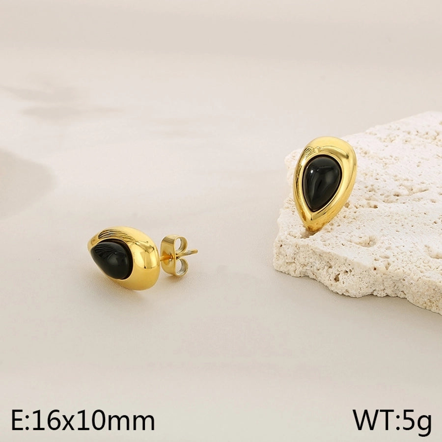 Black Stone Water Droplets Earrings [304 Stainless Steel, 18K Gold Plated]