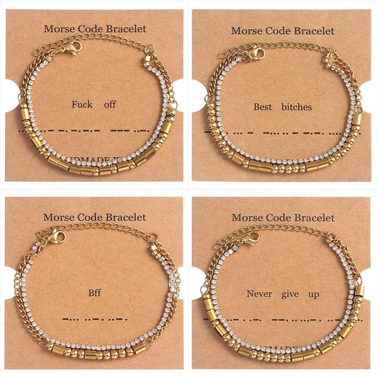 Letter Rhinestones Chain Card Bracelets [304 Stainless Steel,18K Gold Plated]