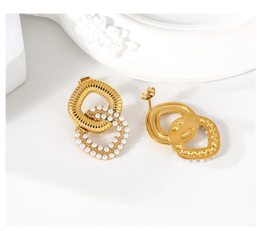 Vintage Style Double Ring Artificial Pearls Earrings [304 Stainless Steel,18K Gold Plated]