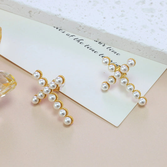 Artificial Pearls Cross Earrings [304 Stainless Steel,18K Gold Plated]