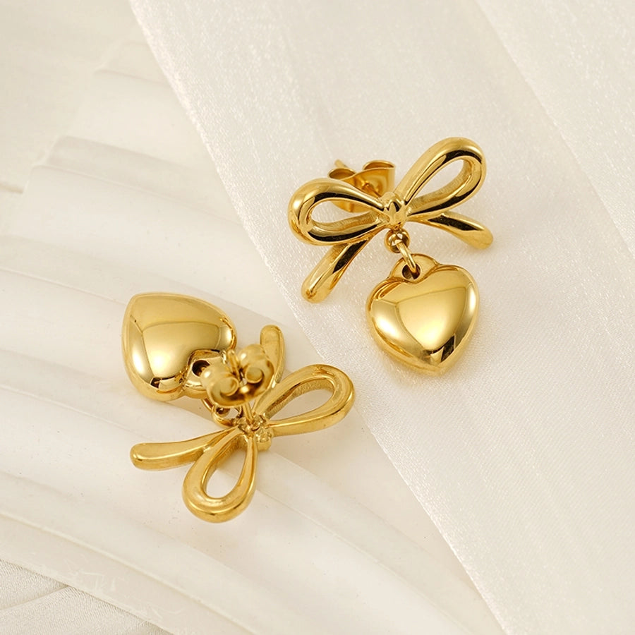 Heart Shape Bow Knot Earrings [304 Stainless Steel,18K Gold Plated]