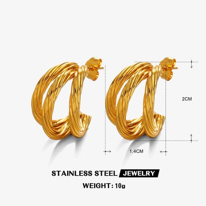 C Shape Twist Triple Hoop Earrings [304 Stainless Steel,18K Gold Plated]