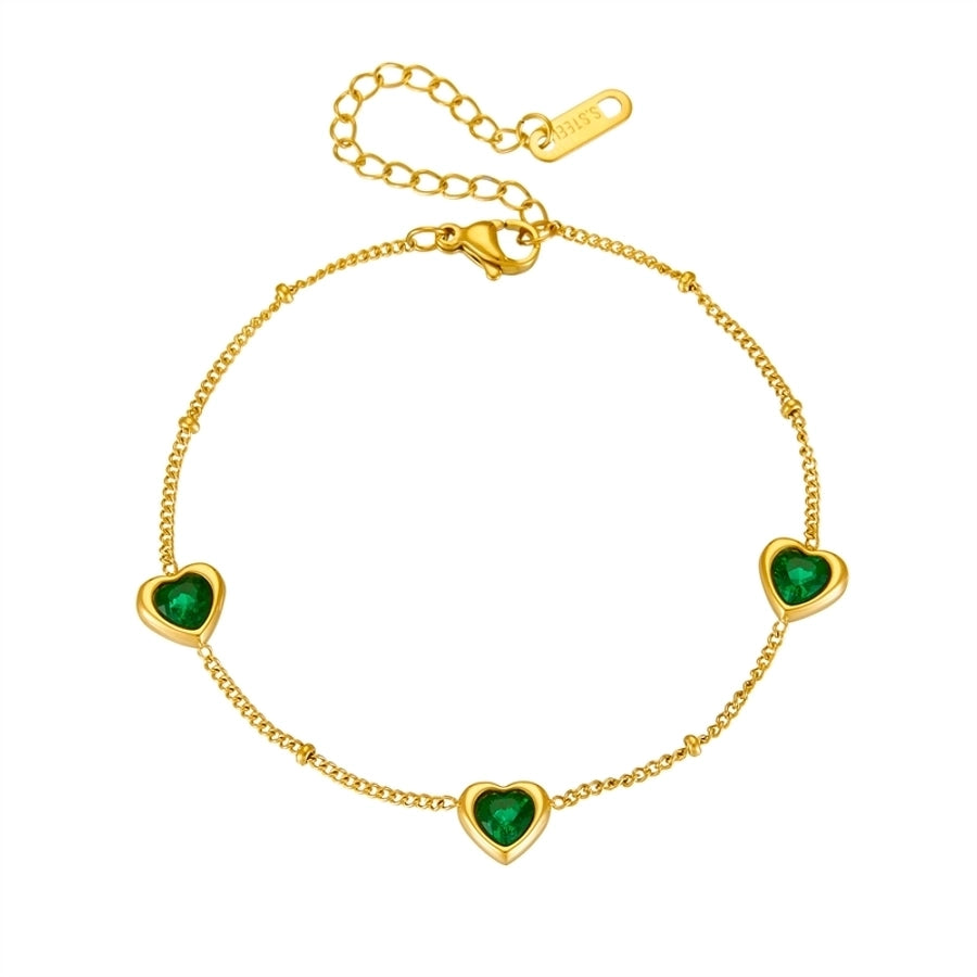 Green Glass Heart Shape Bracelet [304 Stainless Steel, 18K Gold Plated]