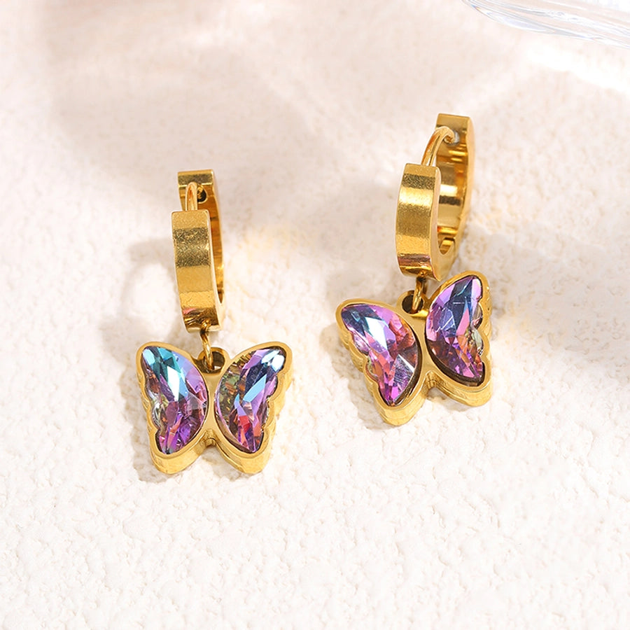 Purple Stone Butterfly Heart Flower Earrings [304 Stainless Steel]